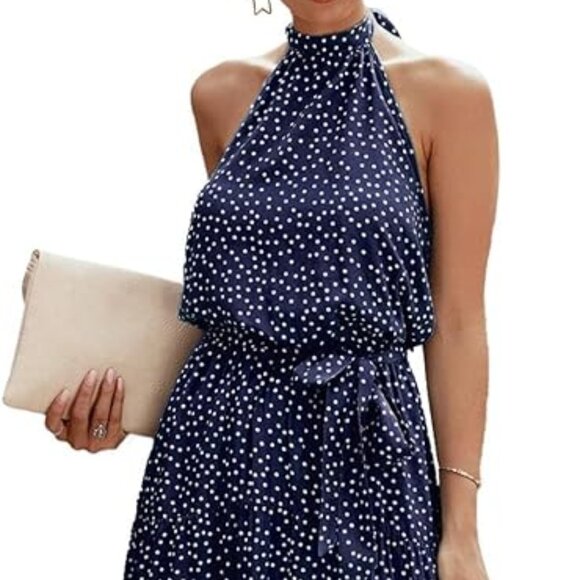 Halter Neck Navy Blue Long Maxi Dress Size L US - Picture 2 of 6